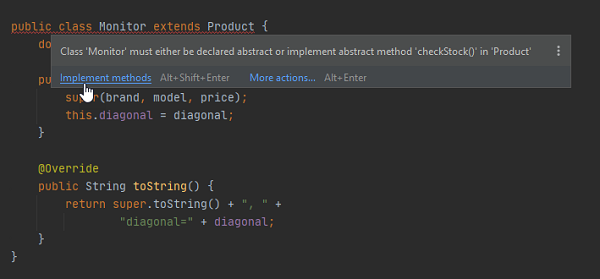 Slika 2.4. Implementiranje apstraktnih metoda korišćenjem IntelliJ IDEA okruženja
