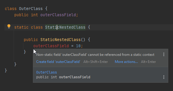 Slika 3.1. Primer nemogućnosti pristupa objektnom članu iz statičke ugnežđene klase