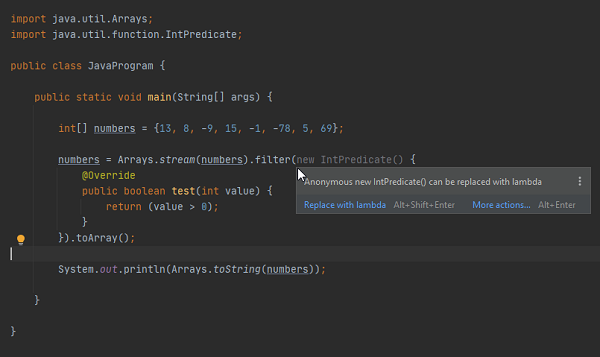 Slika 3.2. Savet razvojnog okruženja da se anonimna klasa zameni lambda izrazom